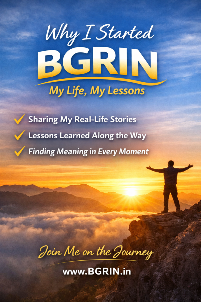 Motivational poster for BGRIN blog showing a man standing on a mountain at sunrise representing life journey, personal growth, and life lessons